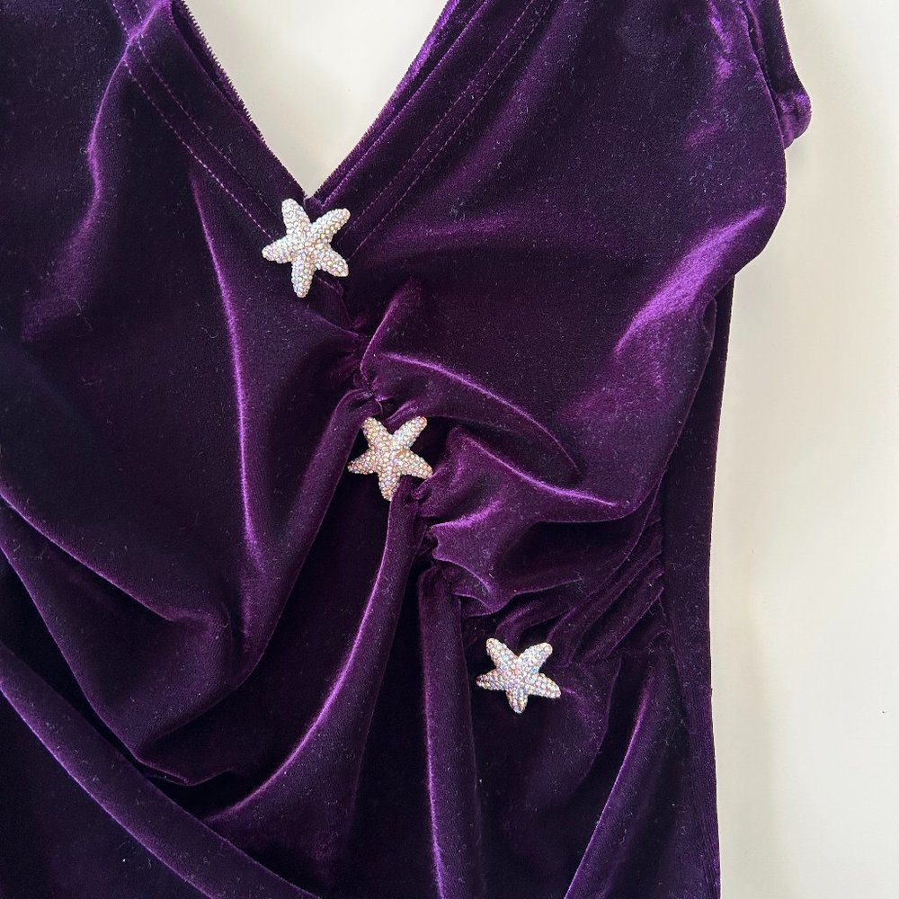 Dusty Daze Purple Velvet Plunge Front Body Suit with Gold Rhinestone Starfish